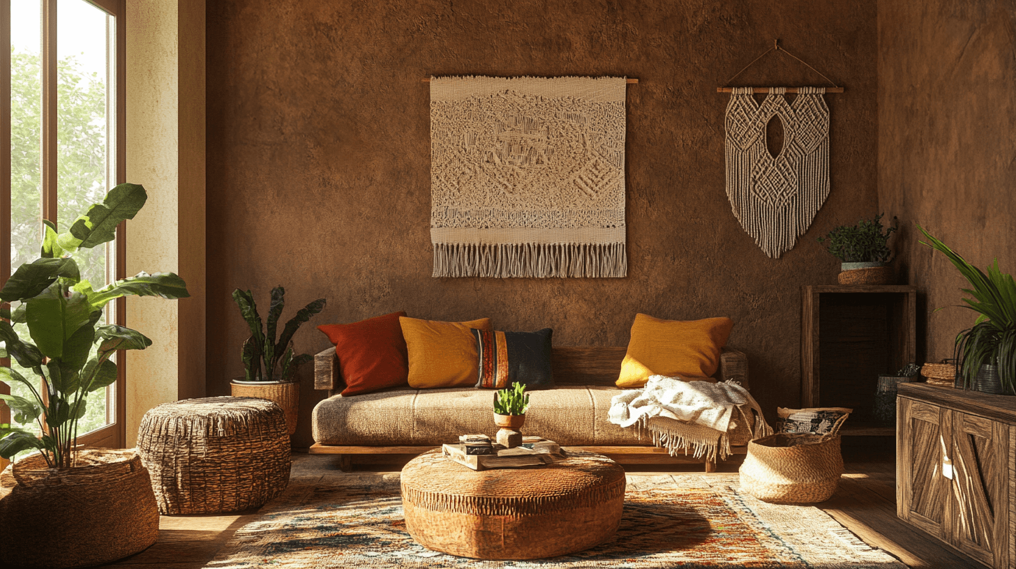 Boho obývačka s hnedými dekoratívnymi omietkami, ratanovým nábytkom, pletenými taburetkami a macramé dekoráciami na stenách.