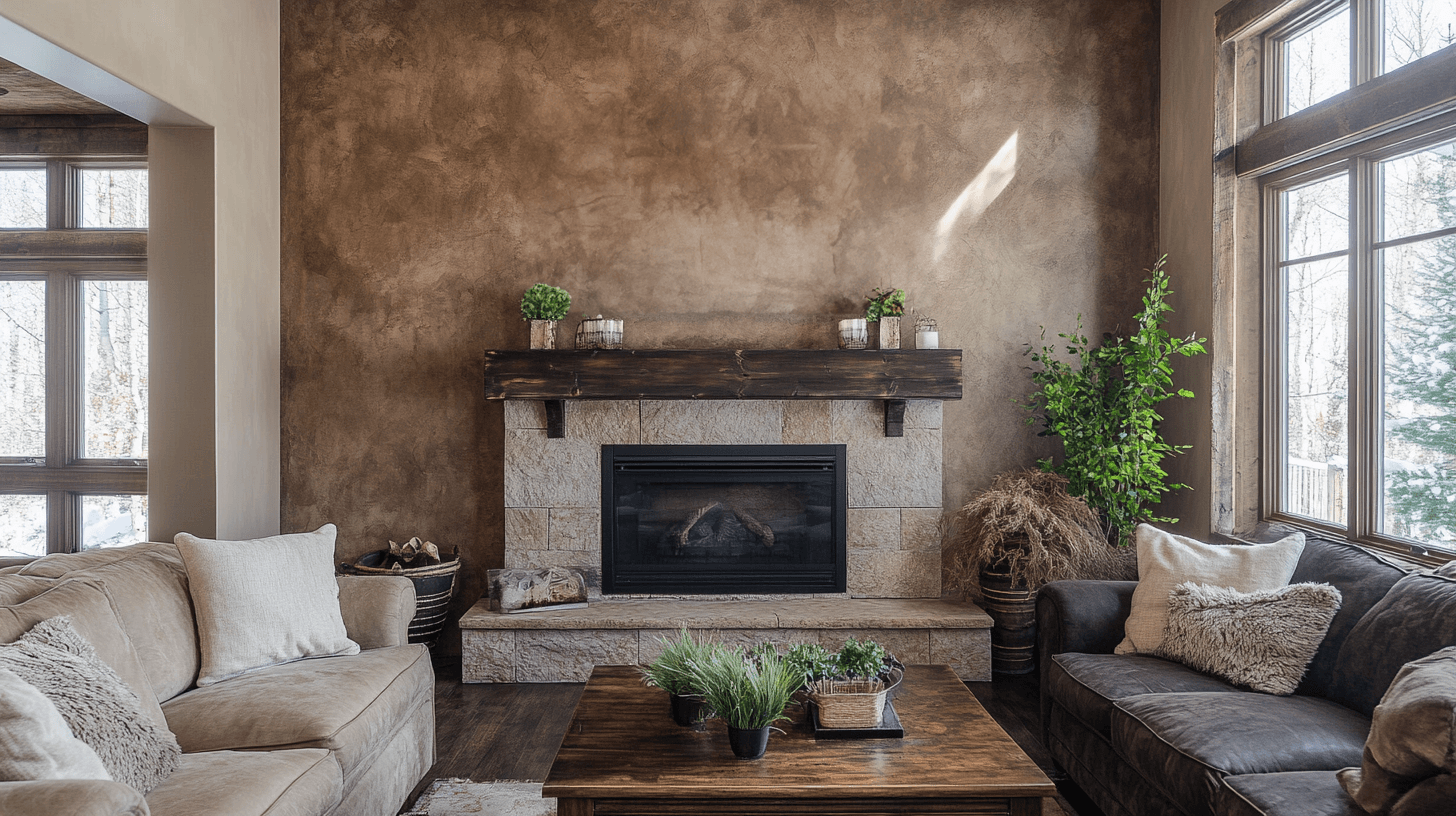 Hnedá rustikálna obývačka s textúrovanými stenami pripomínajúcimi kameň, doplnená drevenými prvkami a krbom obloženým kameňom. Priestor je zariadený pohodlnými pohovkami v prírodných odtieňoch, dreveným konferenčným stolíkom a dekoráciami, ako sú rastliny a vankúše, ktoré vytvárajú útulnú atmosféru. Veľké okná prepúšťajú denné svetlo, čím zdôrazňujú teplé, zemité tóny miestnosti.