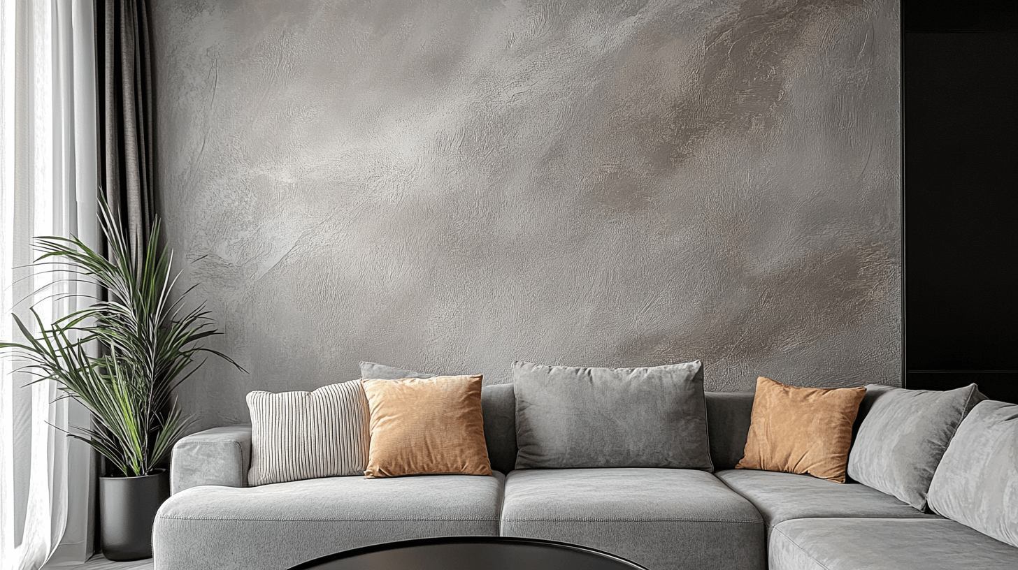 Sivá dekoratívna omietka v minimalistickej obývačke s rohovou sedačkou