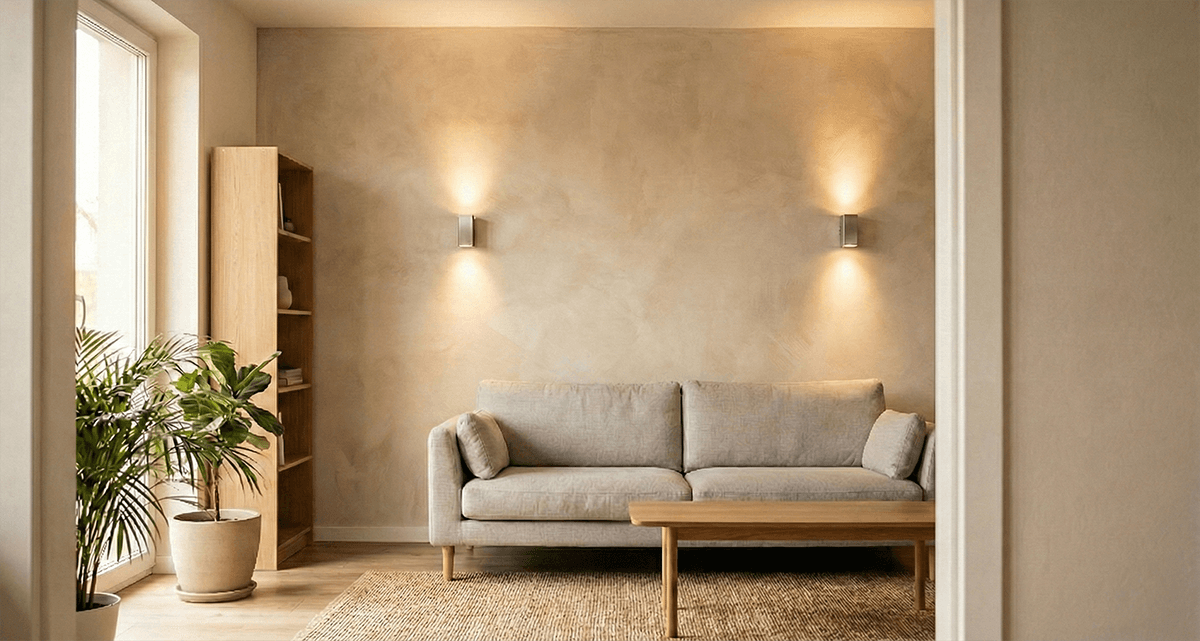 Obývačka s béžovou limewash omietkou, sivobéžovou pohovkou, dreveným konferenčným stolíkom, rastlinou pri okne a nástenným osvetlením