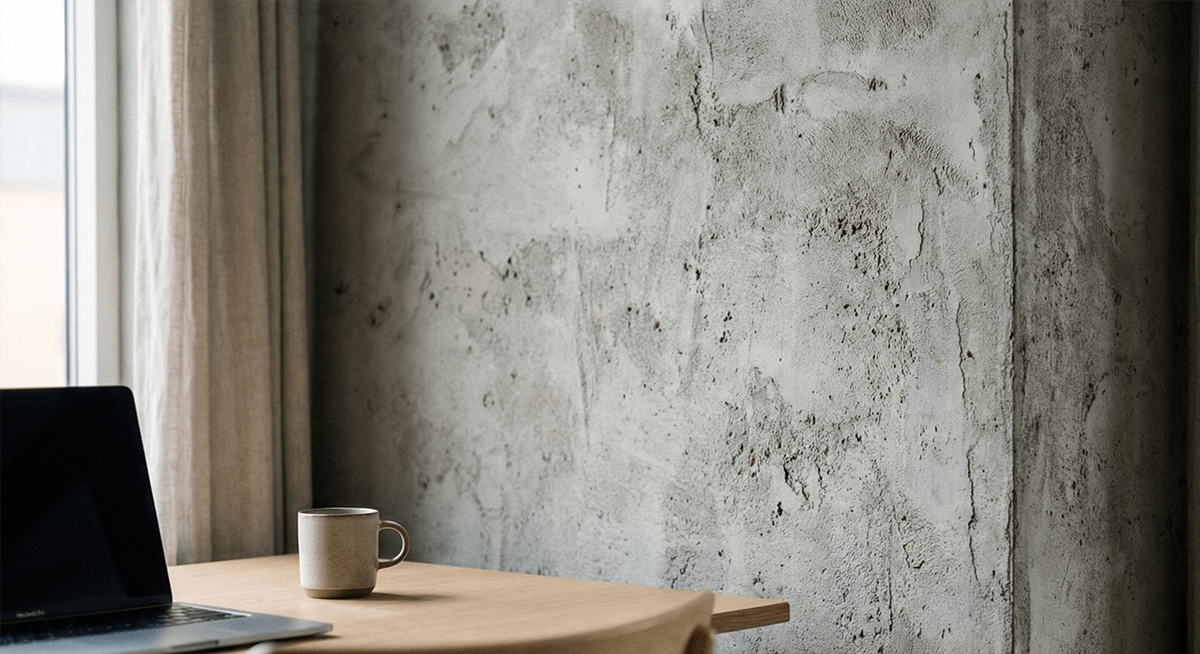 Detail záberu na stenu s betónovou omietkou, v popredí drevený stôl s notebookom a hrnčekom, vľavo okno s priesvitným závesom