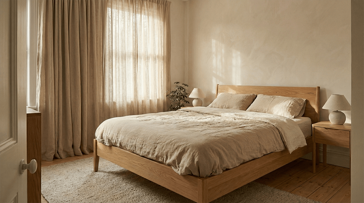 Spálňa s limewash omietkou - teplá atmosféra, príjemné hrejivé farby