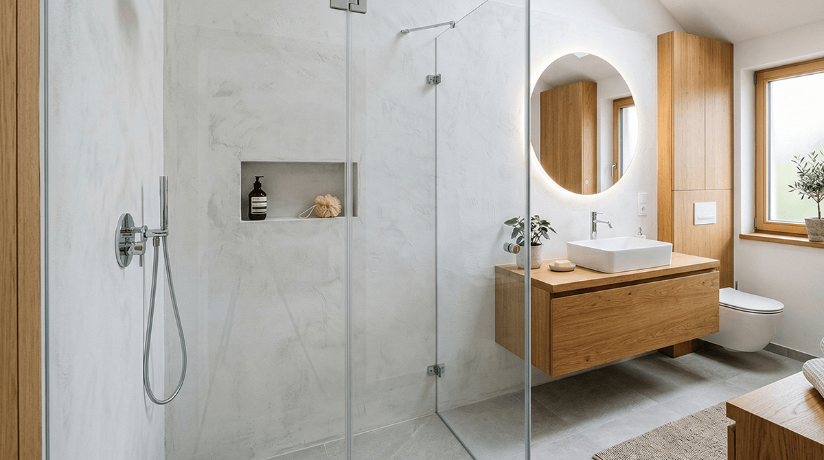 Svetlá moderná kúpeľňa s bielou betónovou stierkou v sprchovacom kúte, dreveným nábytkom a okrúhlym podsvieteným zrkadlom.