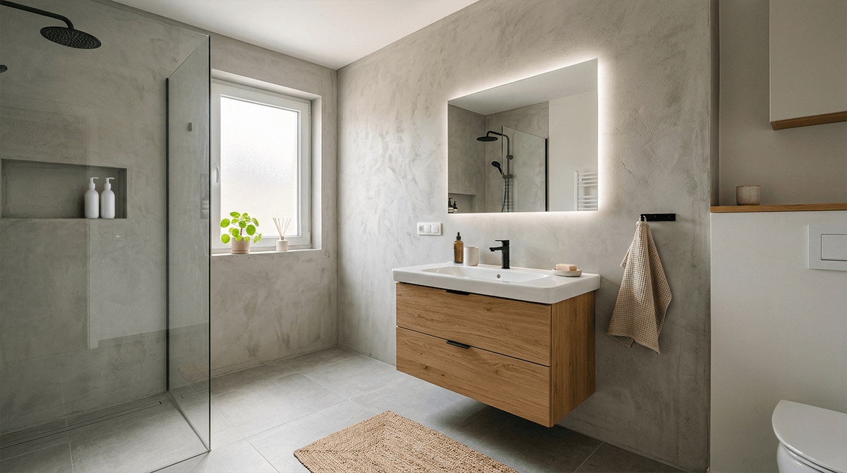 Moderná kúpeľňa so sivou bezškárovou omietkou na stenách, sprchovým kútom a dreveným nábytkom.