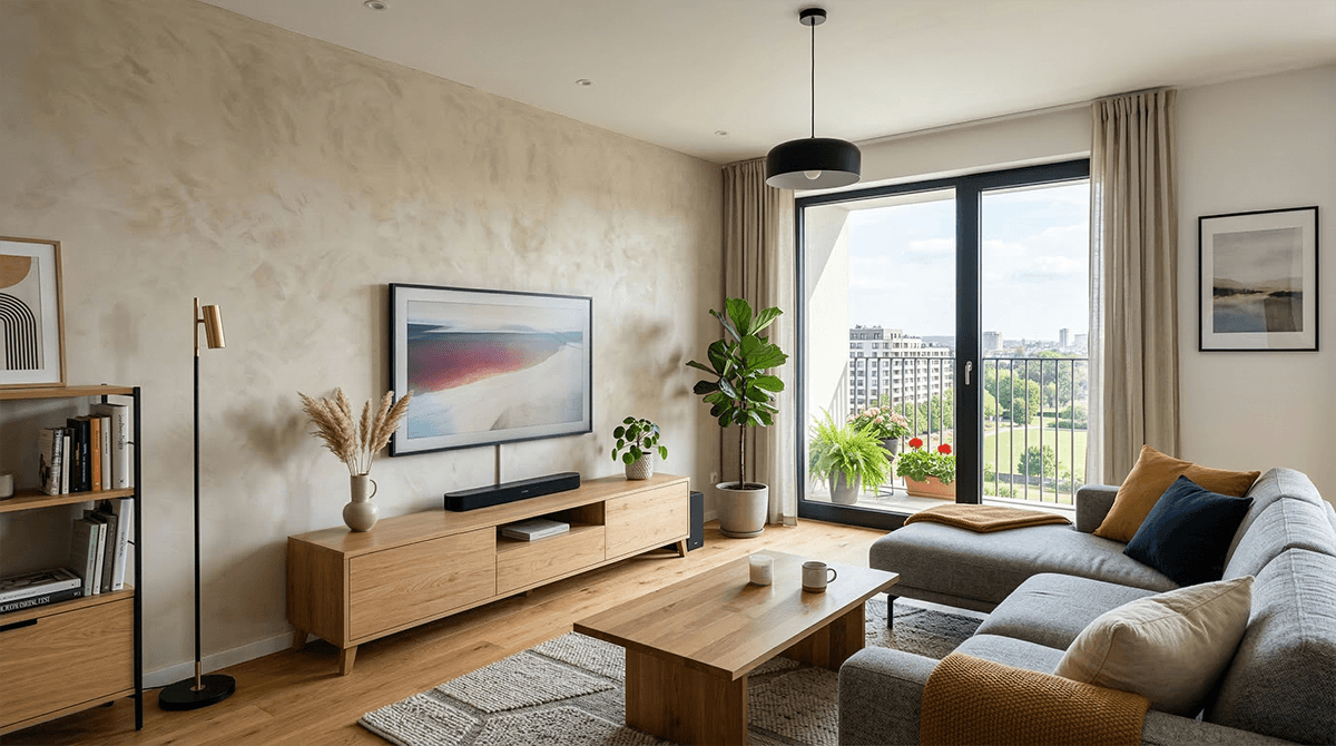 Moderná obývacia izba s béžovou vápennou omietkou na stene, dreveným nábytkom a šedou pohovkou.