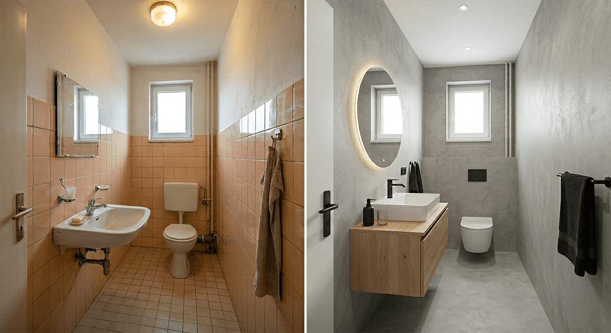 Rekonštrukcia kúpeľne pred a po: premena starého oranžového obkladu na moderný dizajn s bezškárovou omietkou.