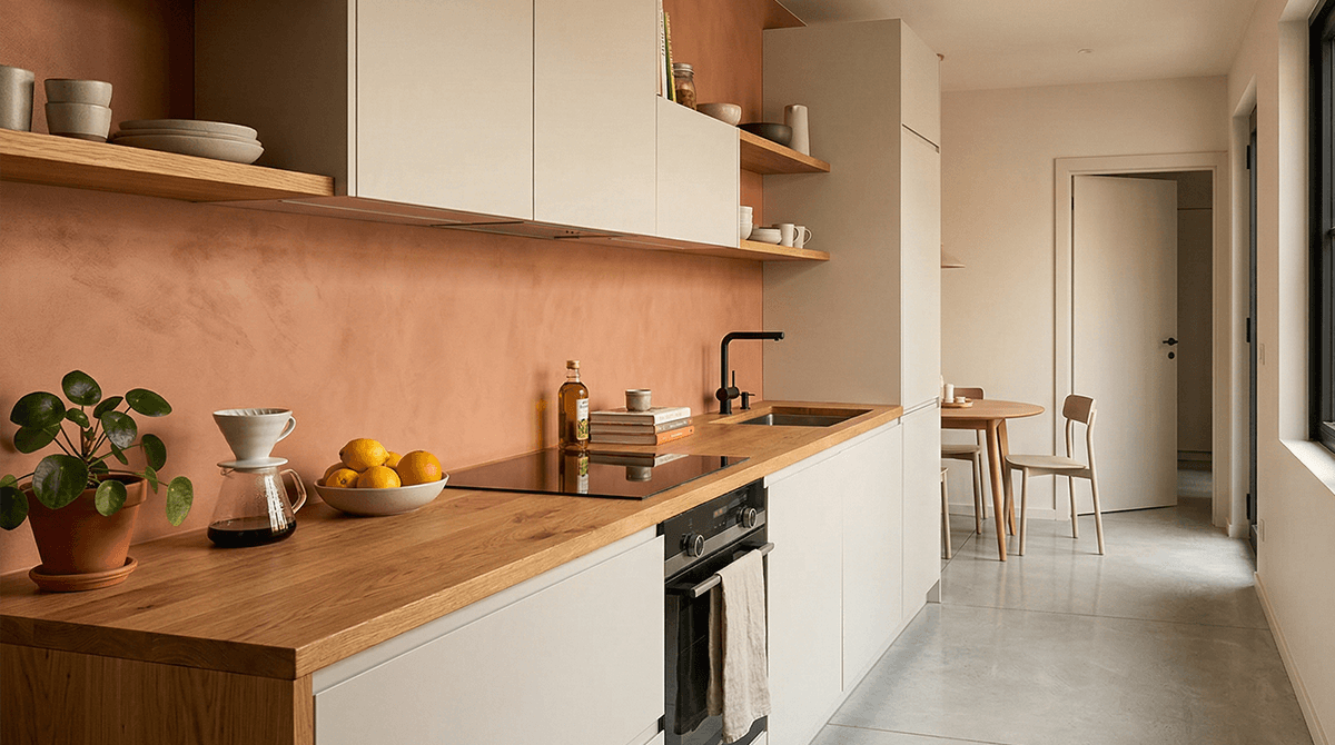 Moderná kuchyňa s terakotovou betónovou stierkou na stene, čiernymi policami a drevenou pracovnou doskou.