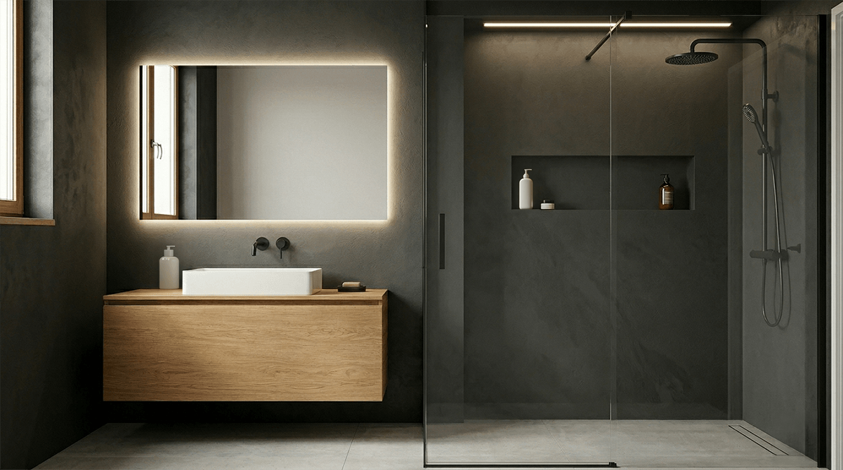 Luxusná tmavá kúpeľňa s antracitovou vodeodolnou stierkou na stene a čiernymi batériami.