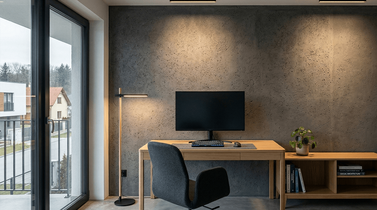 Tmavosivý pohľadový betón v interiéri s výraznou textúrou a priznanými spojmi, doplnený o čierne dizajnové prvky.