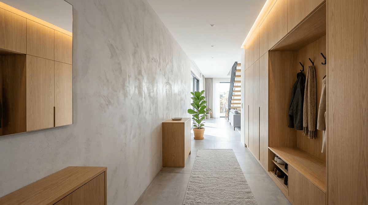 Moderná svetlá chodba s dizajnovou vápennou omietkou na stene a vstavaným dreveným nábytkom na mieru.