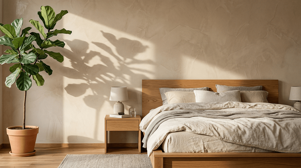 Interiér spálne v štýle quiet luxury s dekoratívnou omietkou v odtieni warm beige od Artemura.sk, drevenou posteľou a výraznou hrou tieňov od rastliny na stene.