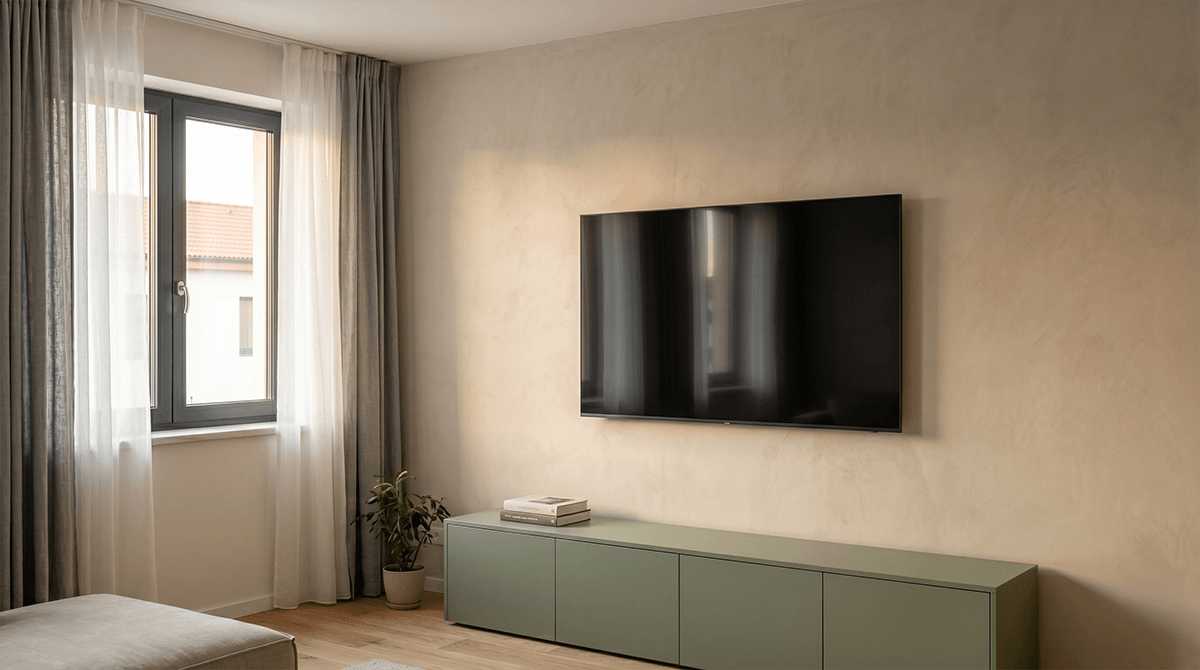 Béžová limewash omietka v modernej obývačke na stene za TV s viditeľnou textúrou a matným finišom.