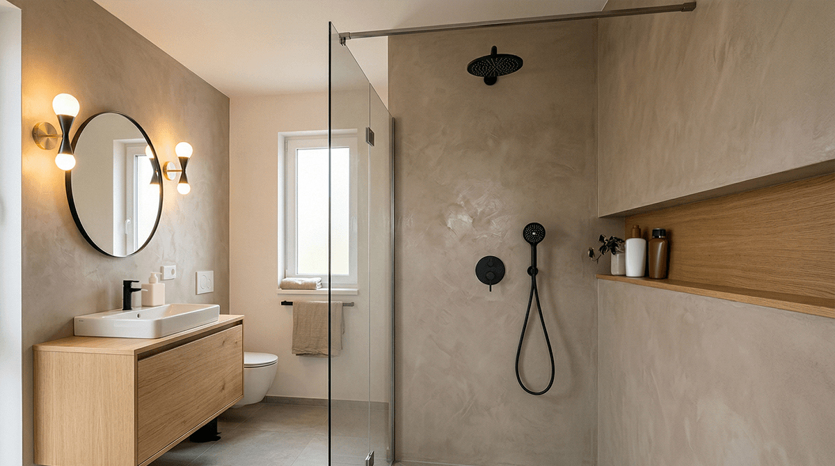 Moderná kúpeľňa s dekoratívnou stierkou na stenách, sprchovým kútom a drevenými detailmi.