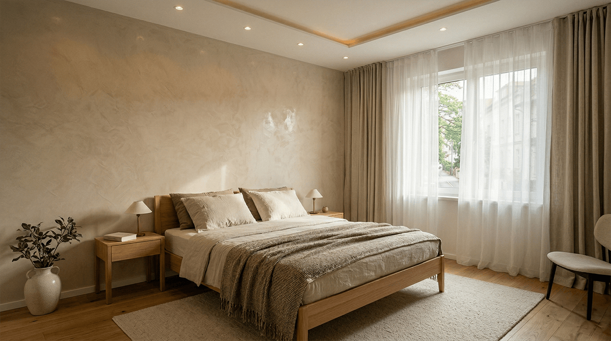 Luxusná spálňa v štýle quiet luxury s jemne lesklou benátskou omietkou v teplom béžovom odtieni. Artemura.