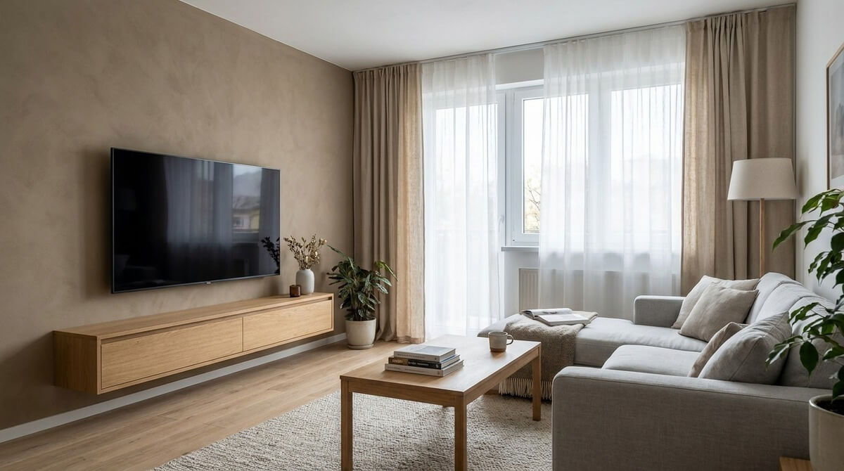 Matná piesková dekoratívna omietka v obývacej izbe na akcentovej stene za TV.
