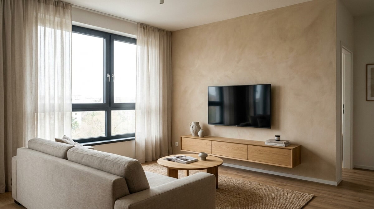 Moderná obývačka s béžovou vápennou omietkou na akcentovej stene za televízorom a závesnou drevenou skrinkou.