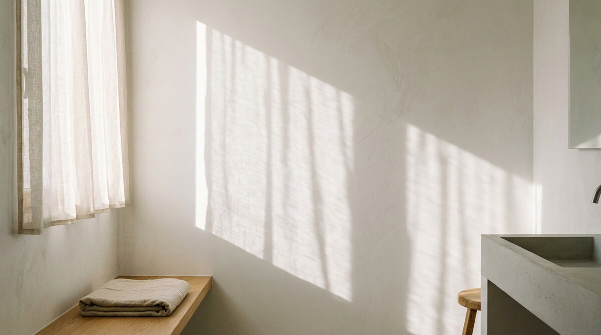 Hladká vodeodolná bezškárová omietka v minimalistickej kúpeľni osvetlená denným svetlom.