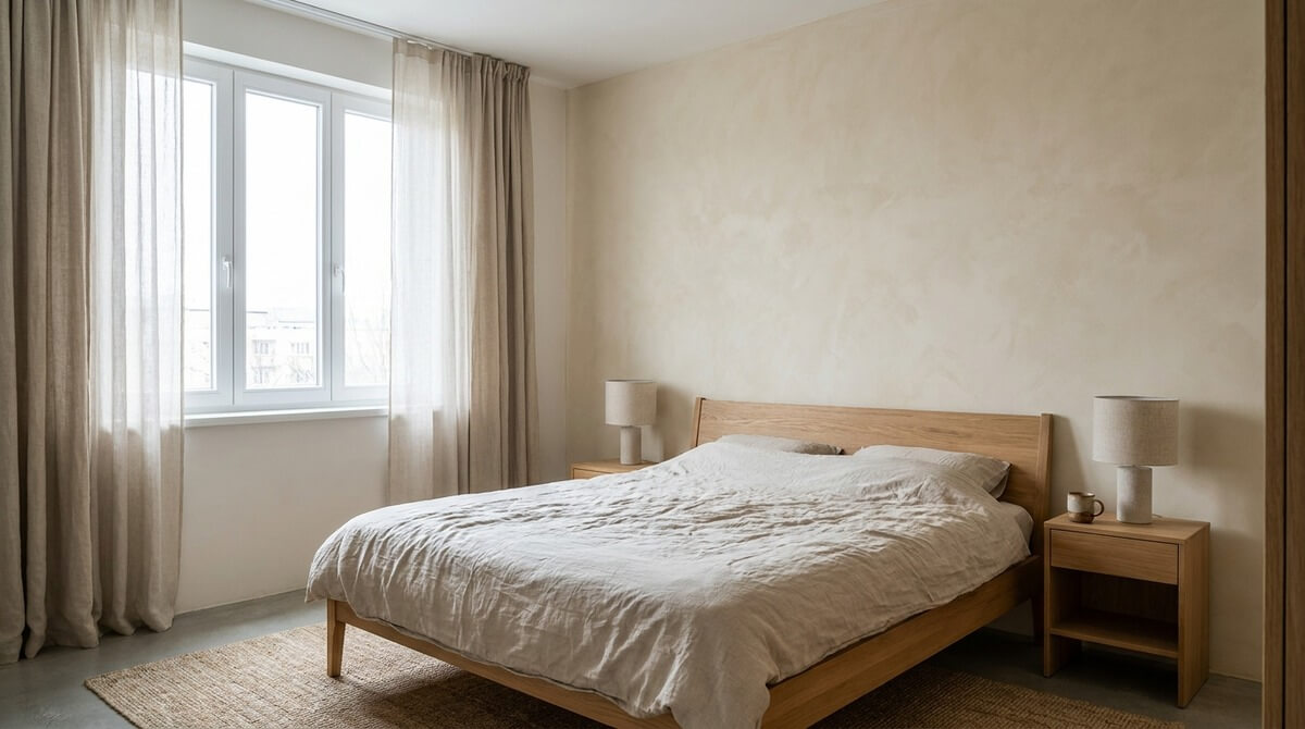 Minimalistická spálňa s drevenou posteľou a béžovou vápennou omietkou so zamatovým efektom na akcentovej stene.